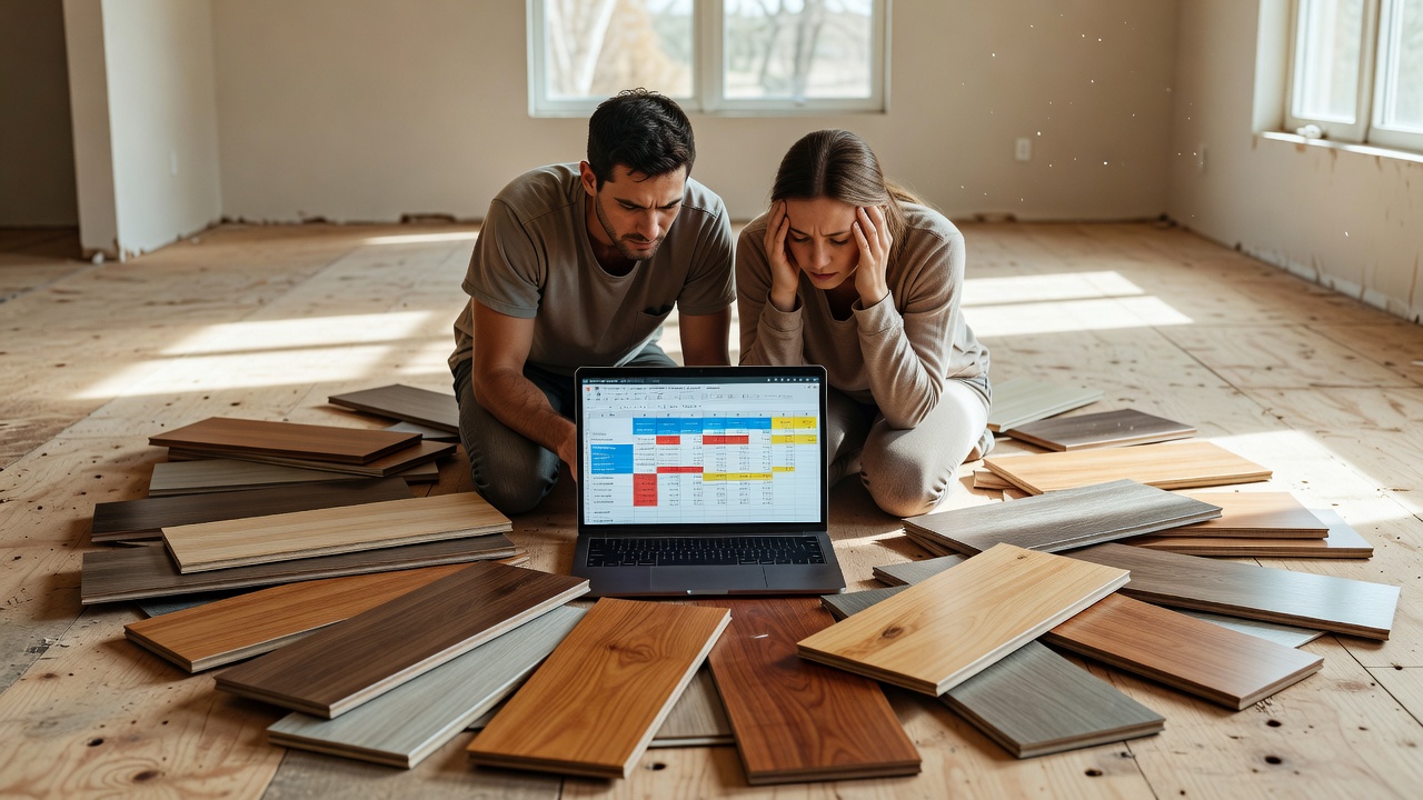 stressed young couple kneeling on a bare subfloor in an empty living room, surrounded by scattered LVP and hardwood samples, open laptop displaying a colorful m