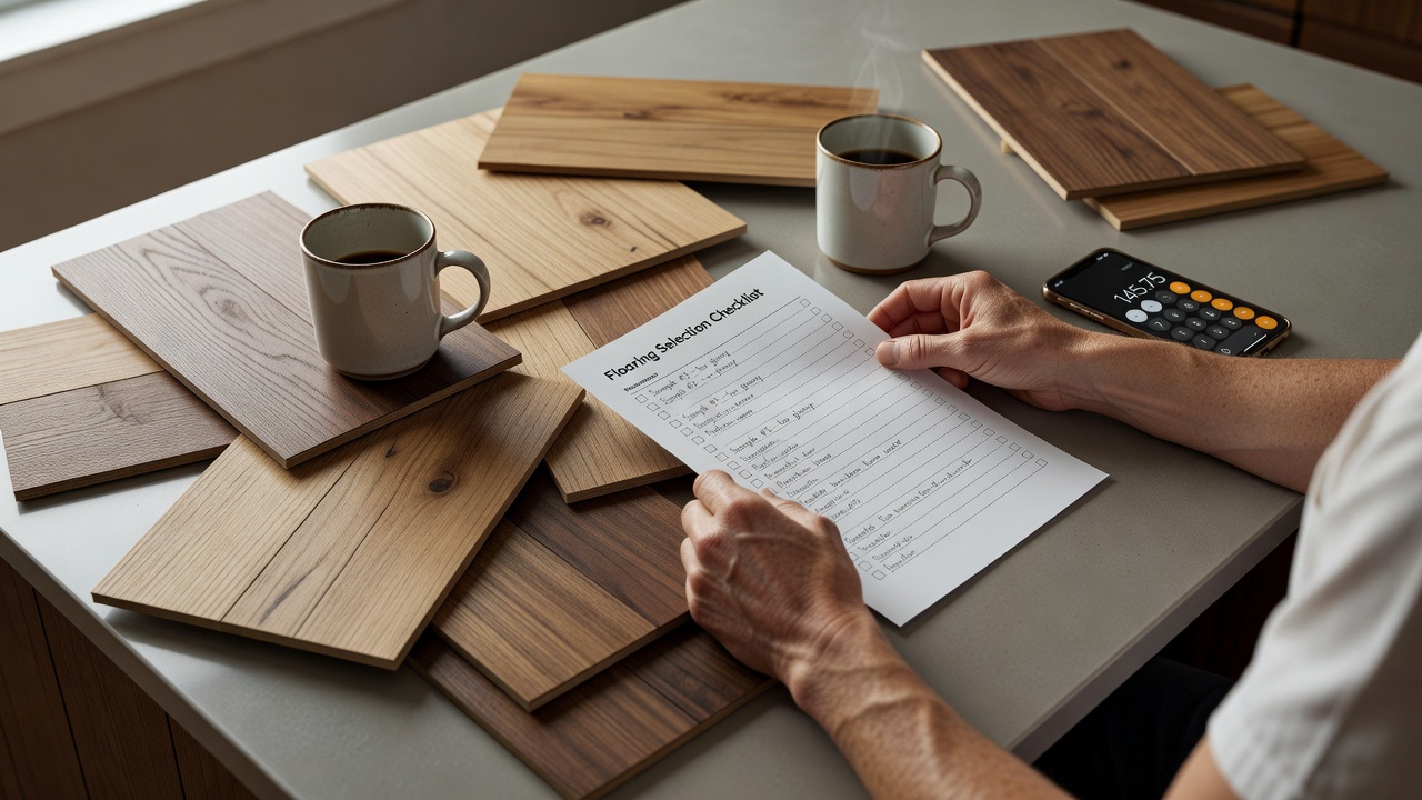 close-up overhead shot of a couple’s hands holding a printed scorecard checklist over multiple vinyl plank and engineered hardwood samples arranged on a kitchen