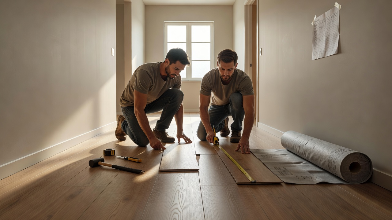 couple working together on a partially installed LVP floor in a sunlit hallway, one person clicking planks while the other measures and marks cuts, tools and op