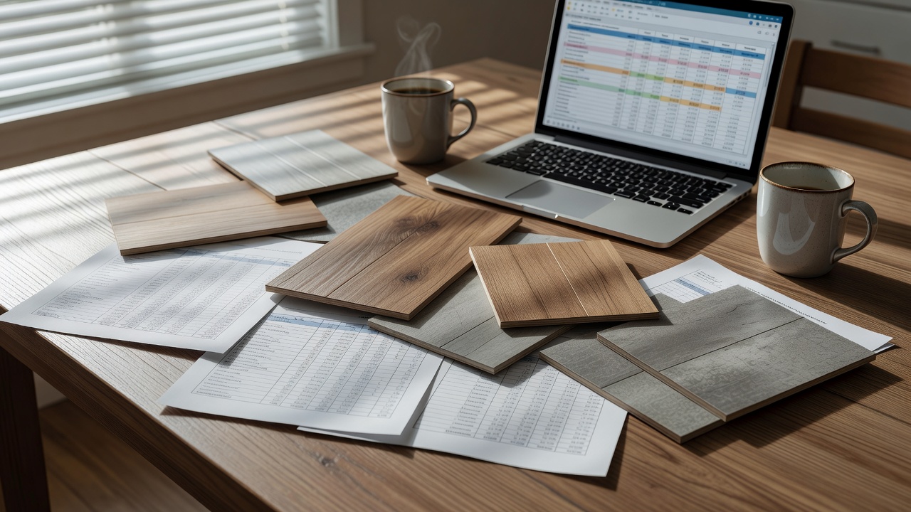 photorealistic close-up of a kitchen table covered in printed spreadsheet pages, vinyl plank samples in oak and gray tones, a laptop showing a budget sheet, and