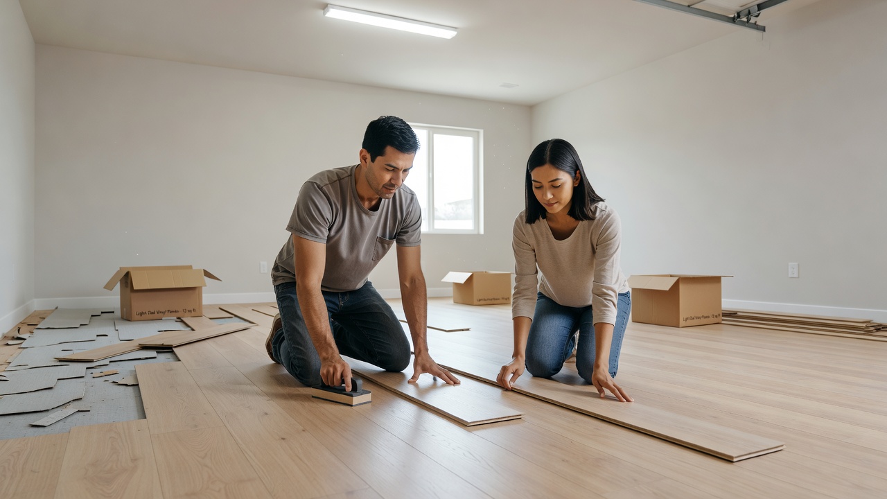 photorealistic wide shot of a couple in casual clothes kneeling on a partially installed light oak vinyl plank floor in an empty living room, one holding a tapp