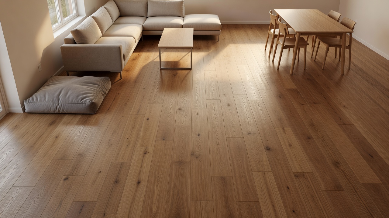 photorealistic overhead view of finished open-concept living-dining area with newly installed medium oak vinyl plank flooring, simple furniture moved back in, a