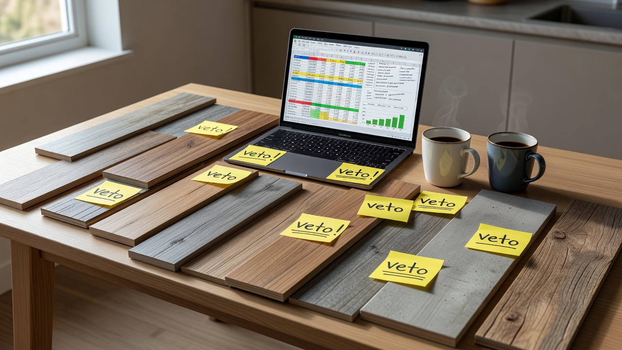 photorealistic kitchen table covered in vinyl plank and laminate flooring samples, open laptop showing a messy color-coded budget spreadsheet, two coffee mugs, 