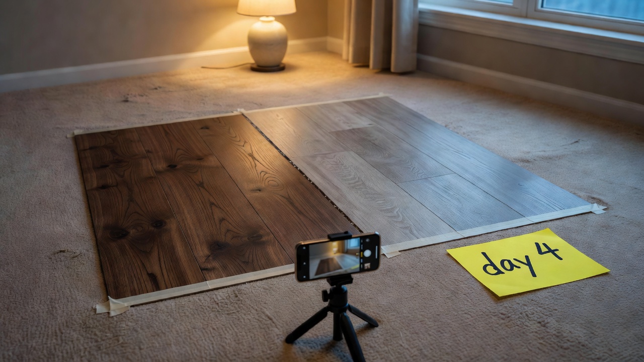 photorealistic living room corner with two large flooring samples taped side by side on old carpet, phone on a tripod taking a comparison photo, evening lamp li