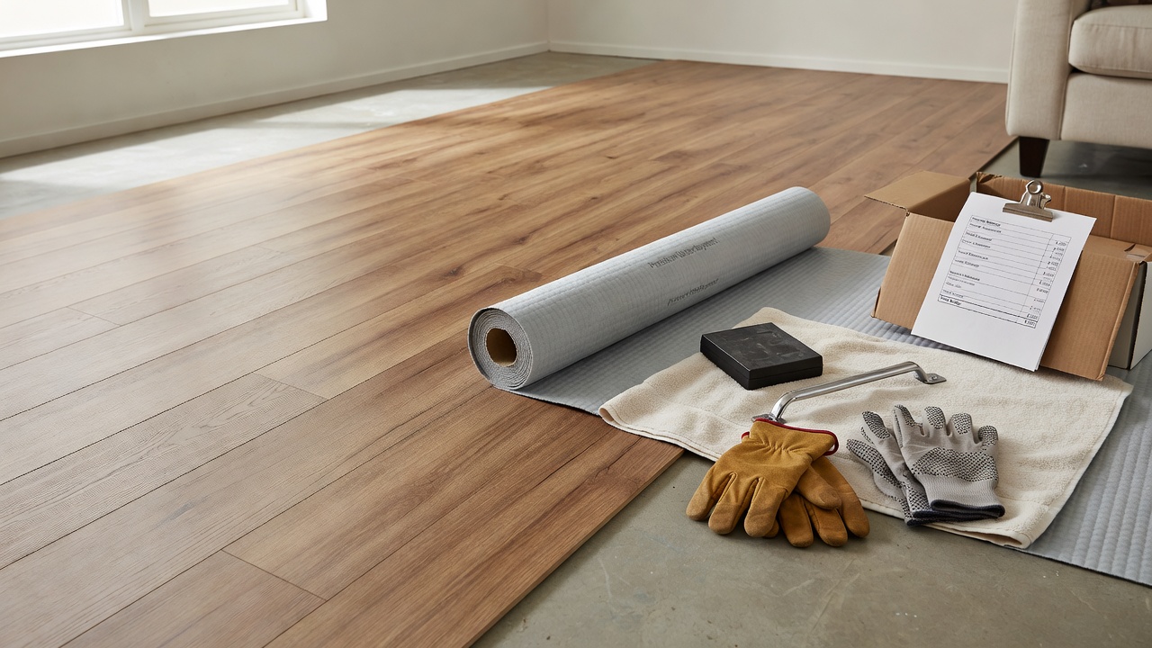 photorealistic half-installed living room with click-lock LVP planks progressing across the floor, open underlayment roll, tapping block and pull bar on a towel