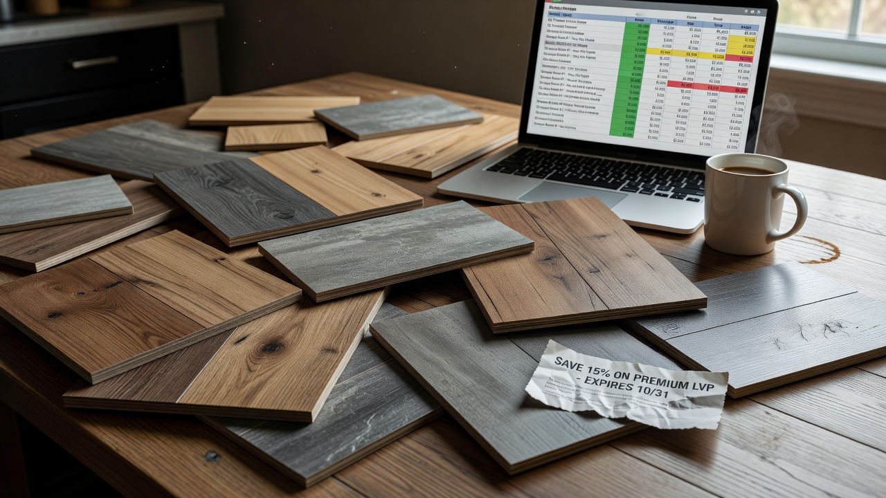 photorealistic close-up of a messy kitchen table covered in LVP and laminate flooring samples in oak and gray tones, open laptop showing a color-coded budget sp