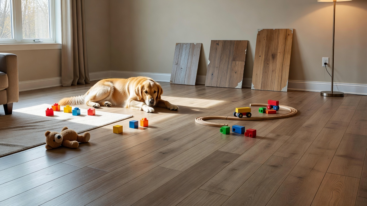 photorealistic wide shot of a lived-in first-time buyer living room with mid-tone rigid core vinyl plank flooring, golden retriever lying on a sunlit patch, tod