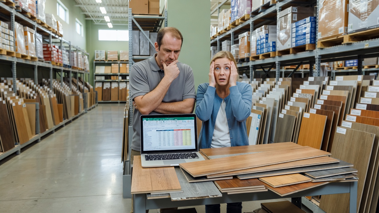 photorealistic overhead shot of a chaotic kitchen table covered in vinyl plank and laminate flooring samples, a laptop open to a colorful budget spreadsheet, co