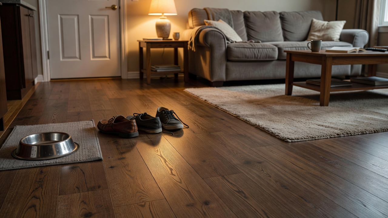photorealistic close-up of luxury vinyl plank flooring installed in a lived-in family room with dog toys in the corner, afternoon sun showing subtle wood grain 