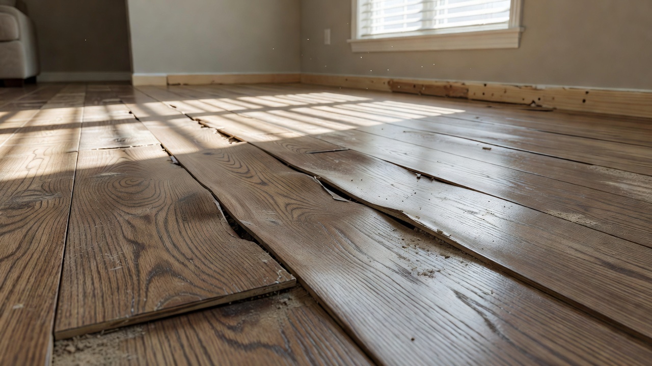 photorealistic close-up of a cupped engineered hardwood floor in a sunlit living room, boards warping upward at the edges with visible gaps, dust and unfinished