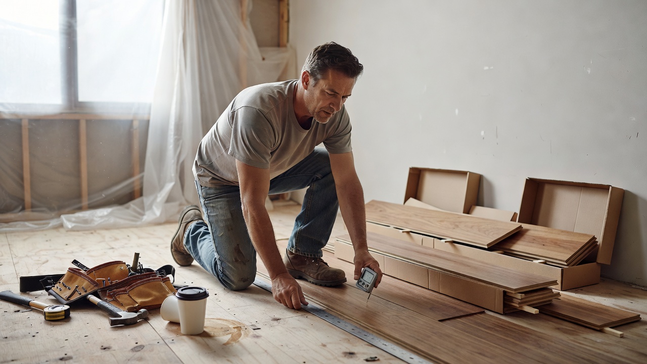 photorealistic jobsite scene of a contractor kneeling on a plywood subfloor using a straightedge and moisture meter, open boxes of hardwood planks stacked with 