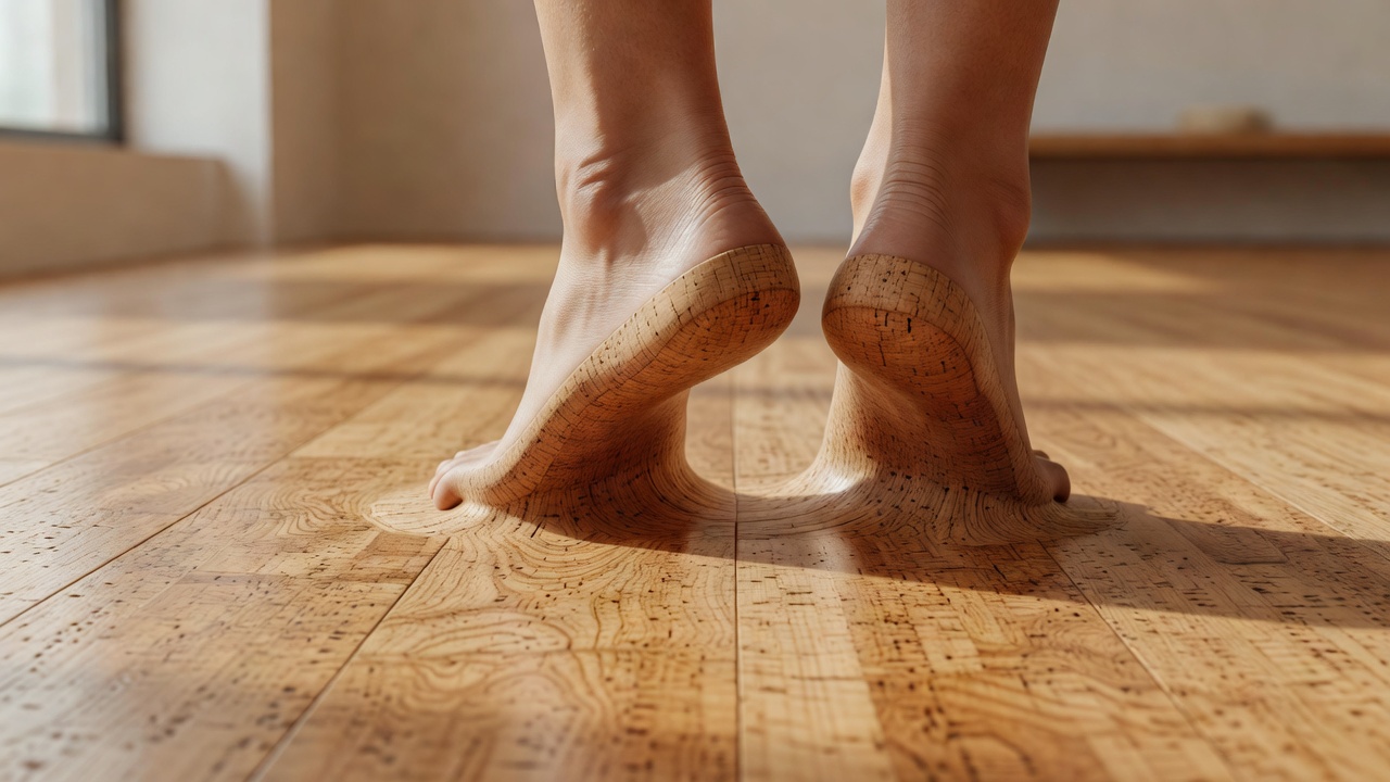 photorealistic close-up of bare feet pressing into warm honey-toned cork flooring planks in a sunlit showroom, visible micro-bounce compression under the arch, 
