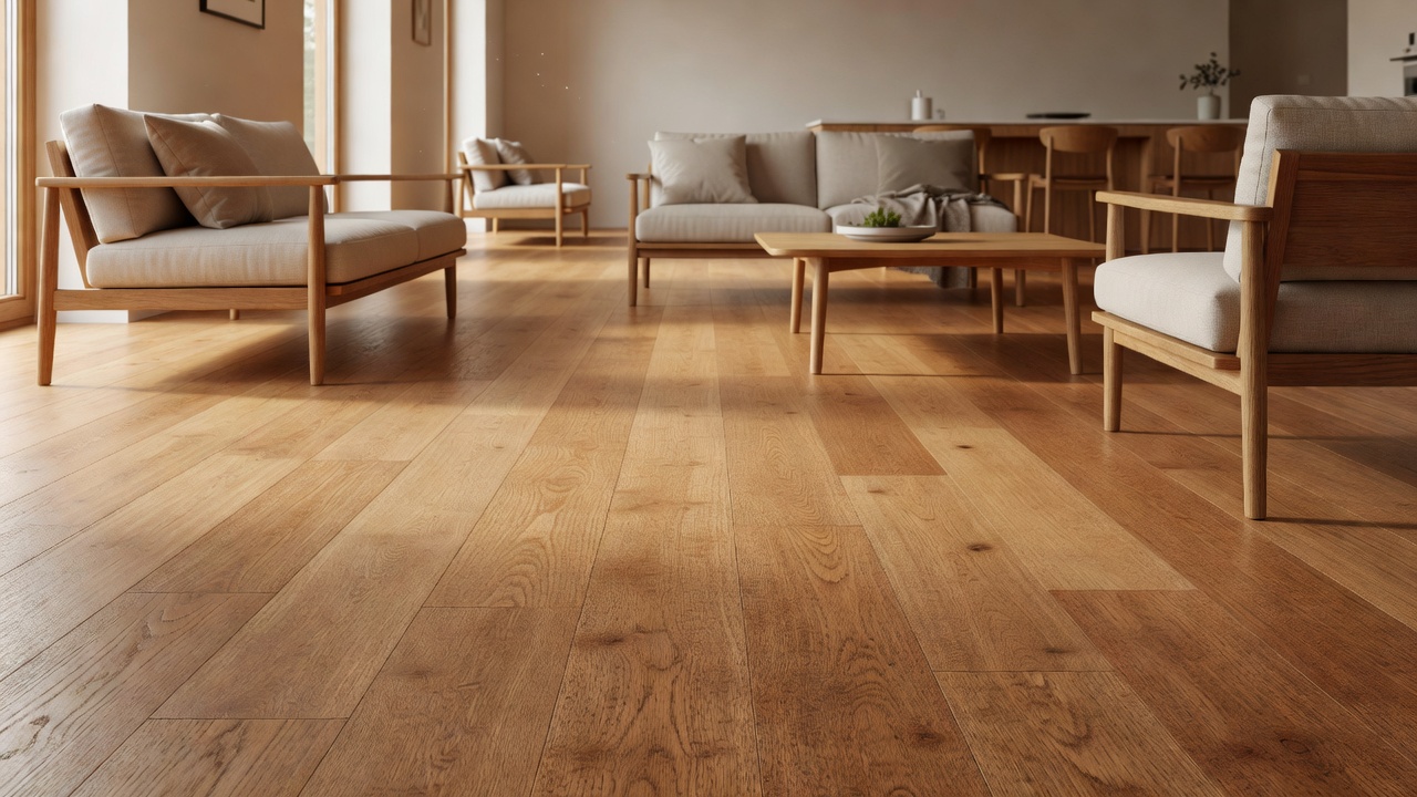 photorealistic wide shot of a modern open-plan living room with continuous warm cork plank flooring, soft afternoon light catching the subtle grain variation, b