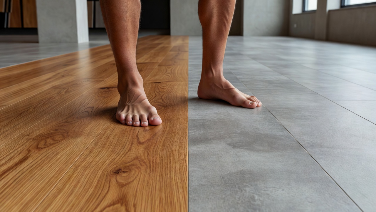 photorealistic close-up of a discerning man's bare feet standing half on warm oak hardwood planks and half on cool gray LVP luxury vinyl plank in a bright high-