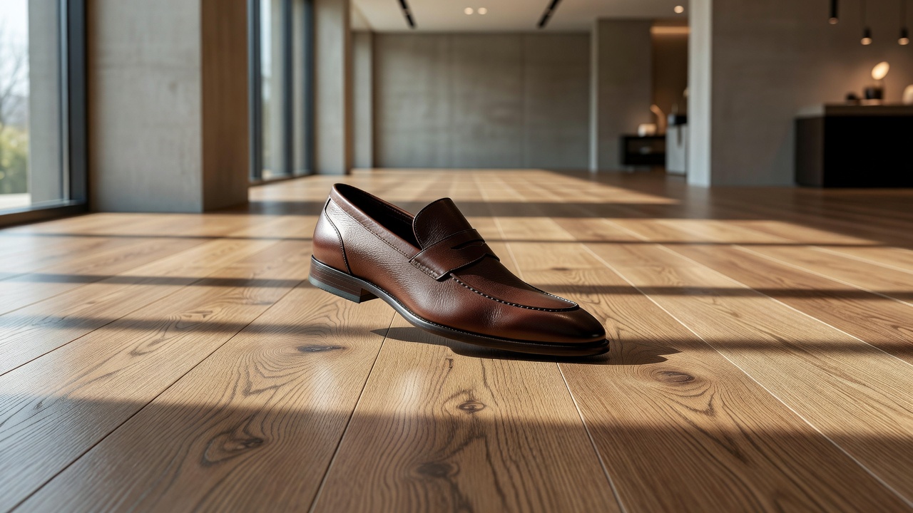 photorealistic close-up of a discerning man's leather loafer mid-step on high-end oak-look LVP planks in a bright showroom, dramatic side lighting catching the 