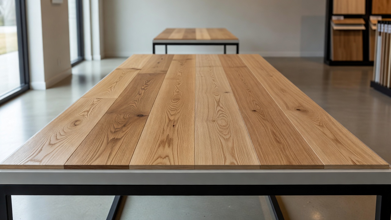photorealistic side-by-side comparison of real white oak hardwood planks next to premium oak-look LVP on a showroom display table, natural window light highligh