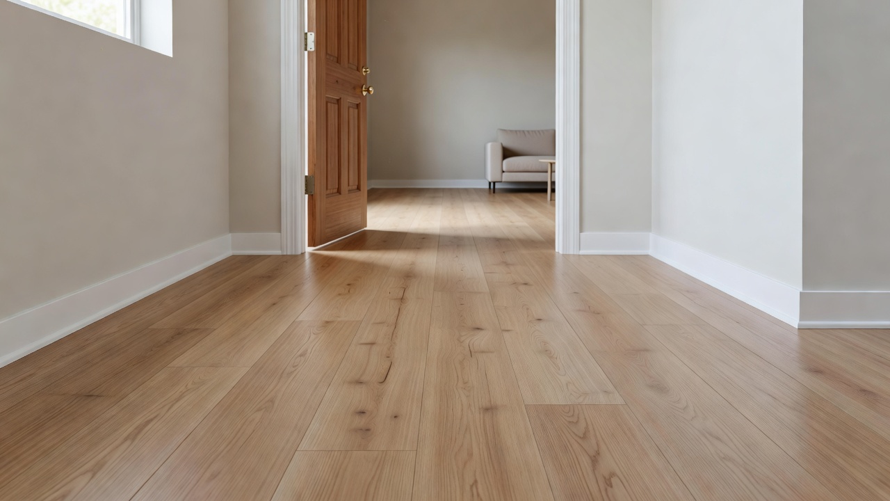 photorealistic entryway of a staged suburban bungalow with light oak LVP flooring stretching from front door into living room, soft natural light, clean baseboa