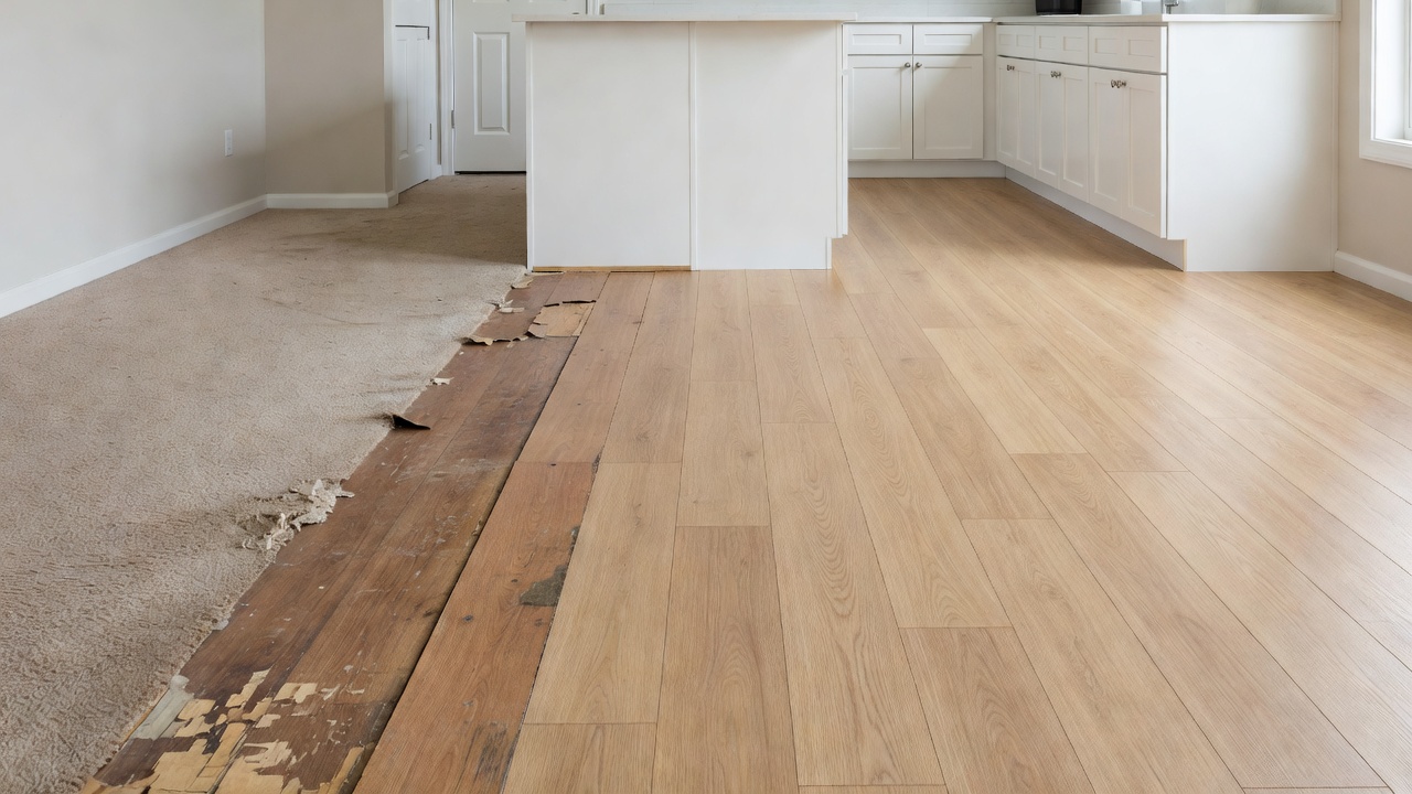 photorealistic side-by-side comparison of a kitchen before and after flooring update, left side worn beige carpet transitioning to peeling laminate, right side 