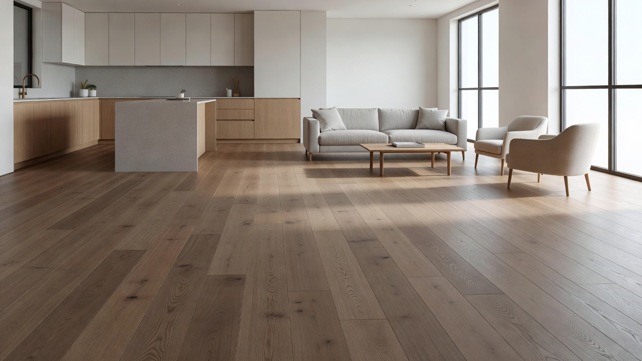 photorealistic open-concept living room and kitchen with continuous medium-tone engineered hardwood floors, staged with neutral furniture, large windows casting
