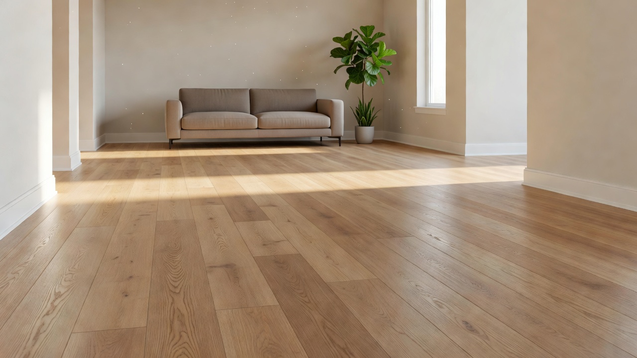 photorealistic open-concept living room during a home staging walkthrough, light oak-look LVP floors catching afternoon sun, clean baseboards, empty staged spac