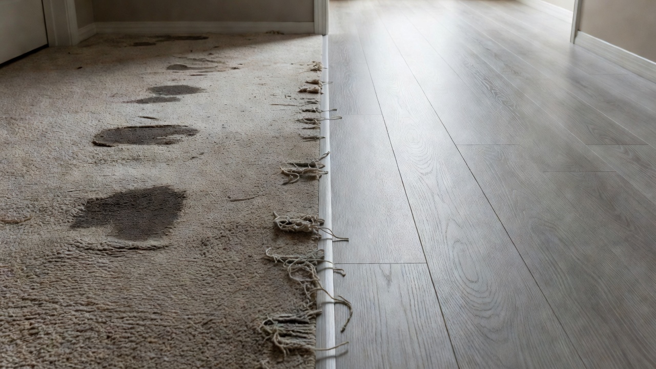 photorealistic side-by-side detail of a hallway threshold, left side worn stained carpet with frayed edge, right side continuous light gray LVP with clean reduc