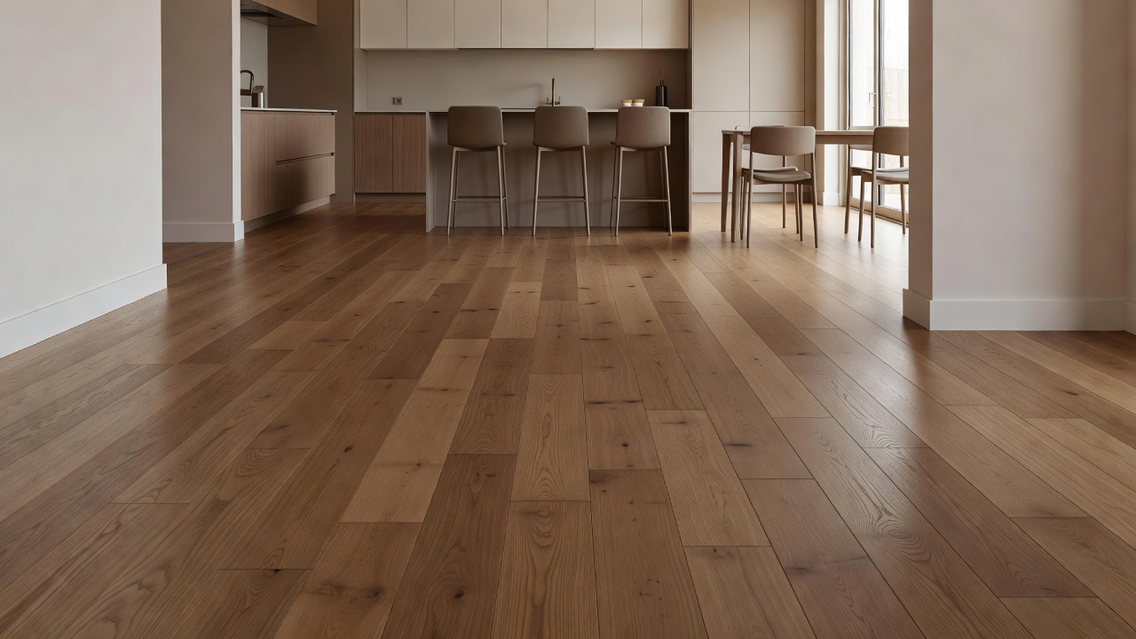 photorealistic staged kitchen-dining open plan with continuous medium-tone hardwood floors, island with stools, soft natural light from sliding door, empty of p