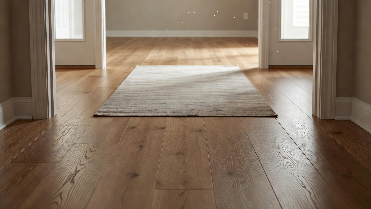 photorealistic open-house entryway with warm oak-look LVP flooring stretching into a bright living room, soft natural light from sidelights, neutral runner rug,