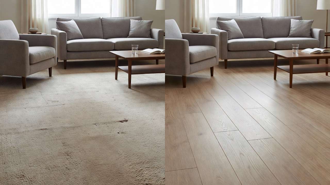 photorealistic side-by-side comparison of a dated carpeted living room versus the same room with fresh neutral LVP, identical furniture and lighting, emphasizin