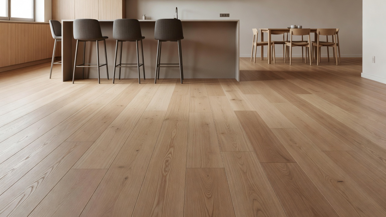photorealistic modern kitchen-dining open plan with continuous light oak LVP flooring, island with bar stools, soft afternoon light, empty of people but staged 