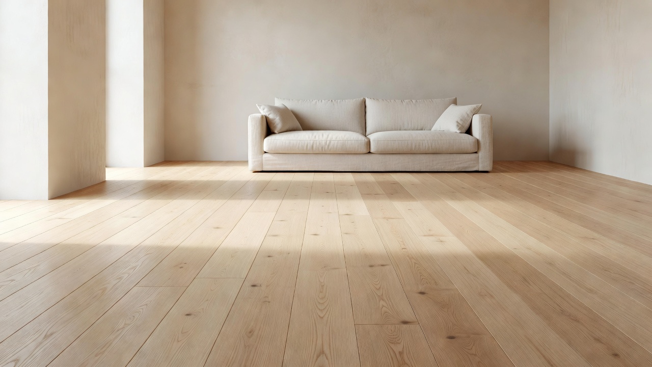 photorealistic sunlit living room with pale oak hardwood floors showing soft grain and matte finish, airy calm mood, linen sofa and chalky walls, no text overla