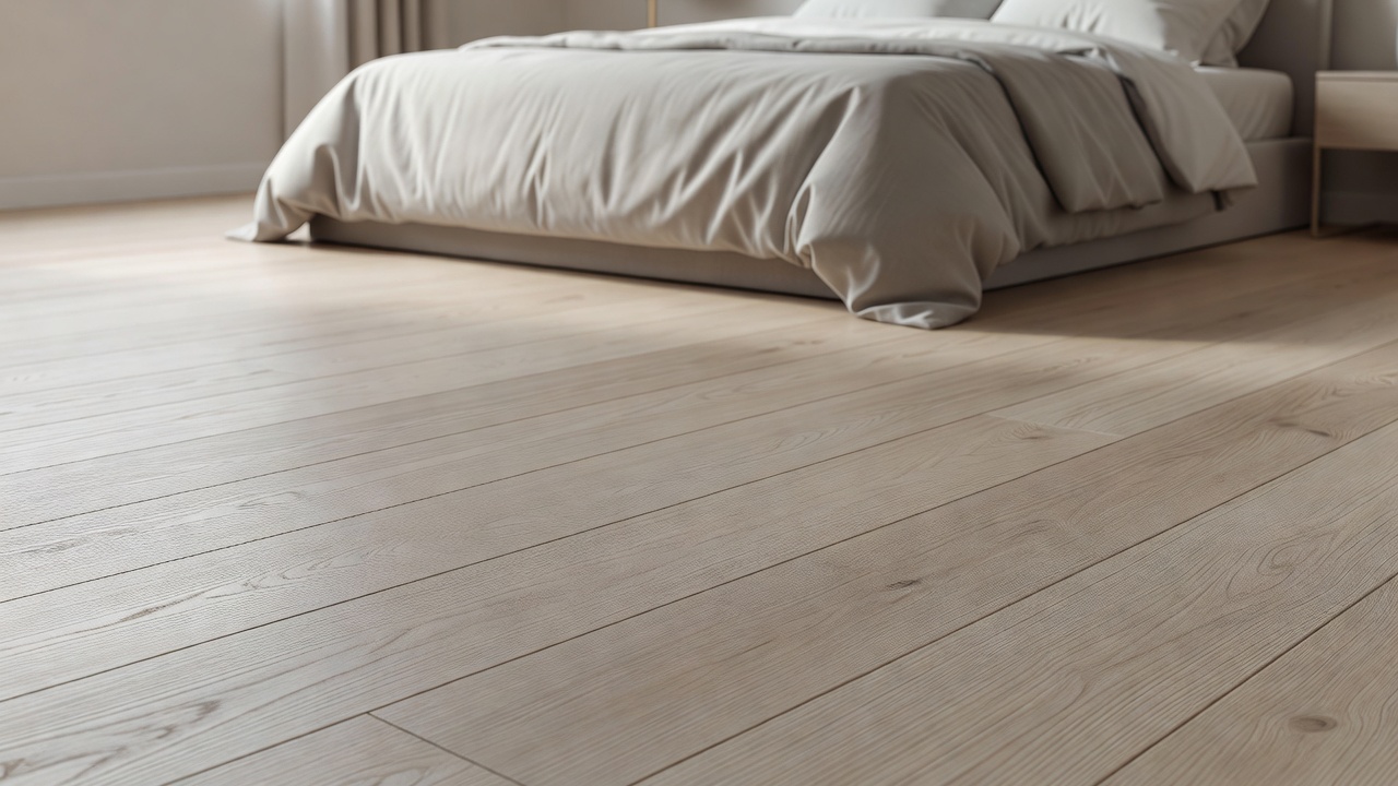 photorealistic serene bedroom with light greige wire-brushed hardwood floors, matte finish, neutral bedding, soft morning light creating calm mood, no text over