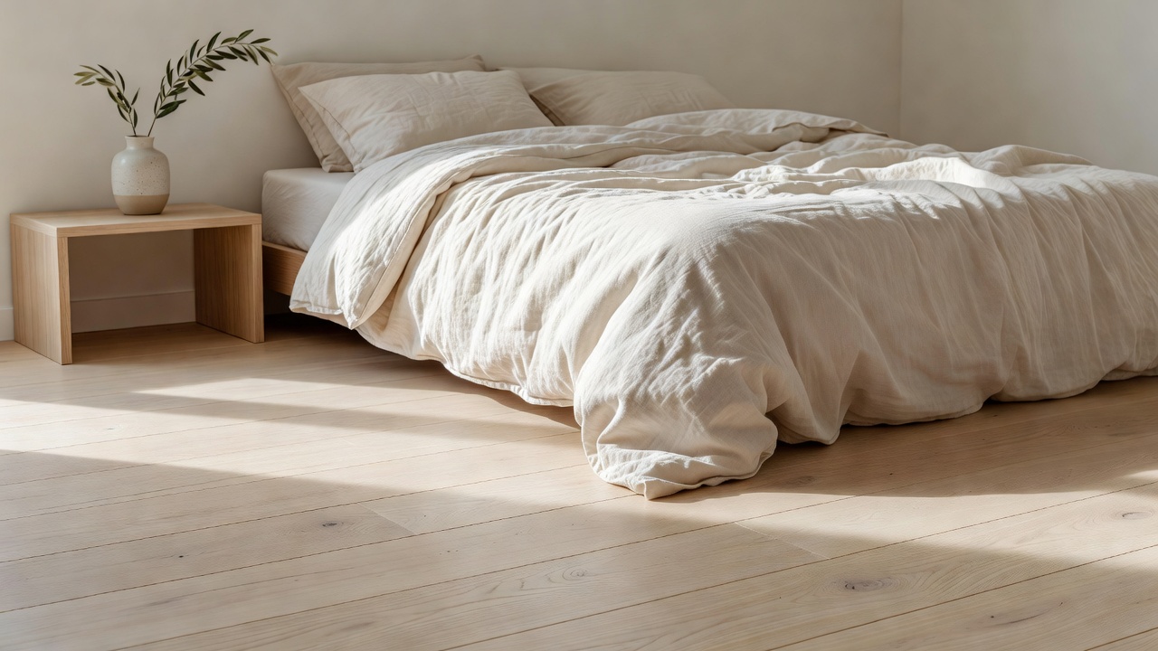 photorealistic sunlit primary bedroom with wide-plank pale European oak flooring in a soft matte finish, rumpled ivory linen bedding, single olive branch in a c