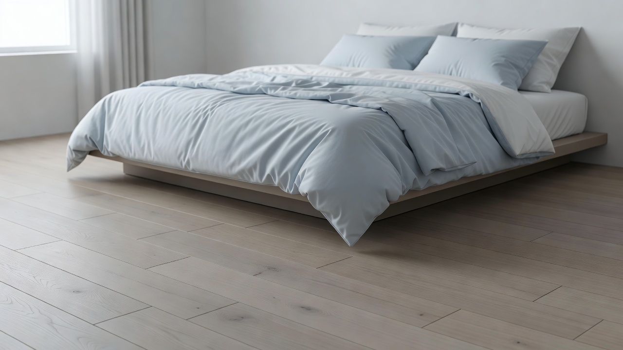 photorealistic calm bedroom corner with cool greige wide-plank engineered hardwood in ultra-matte finish, low platform bed with layered white and pale blue bedd