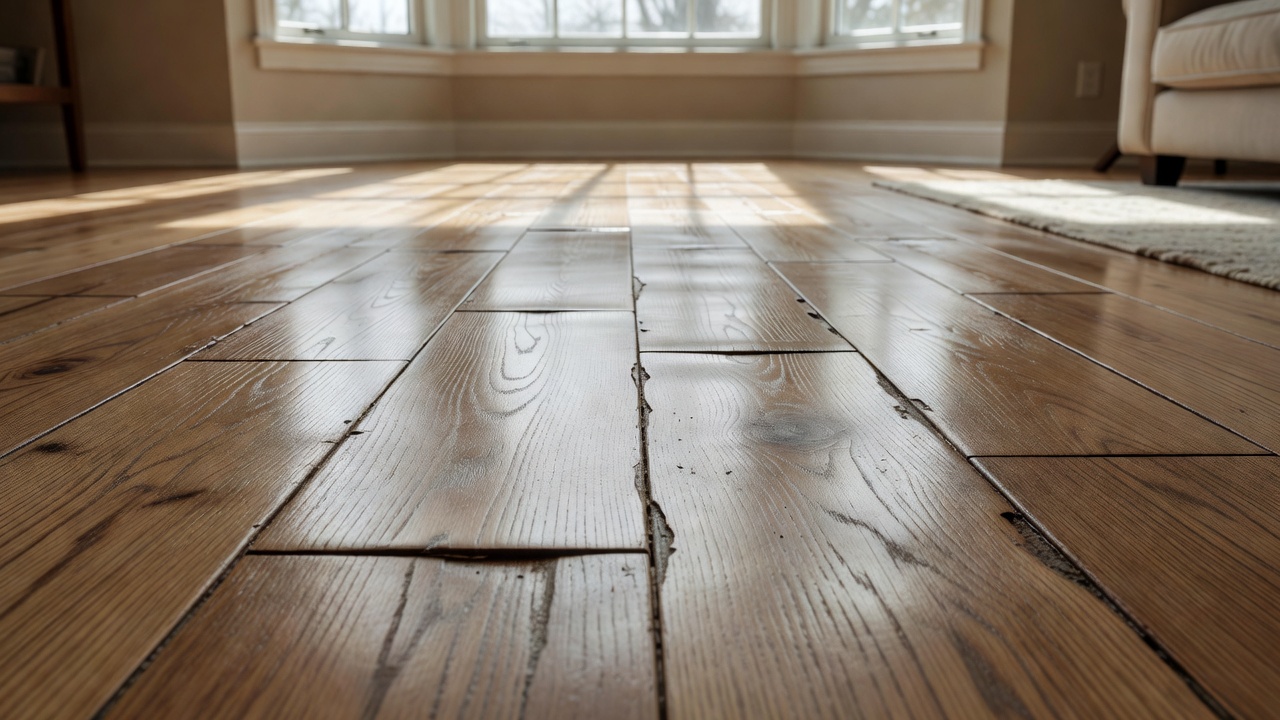 weathered contractor kneeling on partially pulled oak plank floor in a sunlit suburban kitchen, moisture meter pressed to gray concrete slab, dusty work boots a
