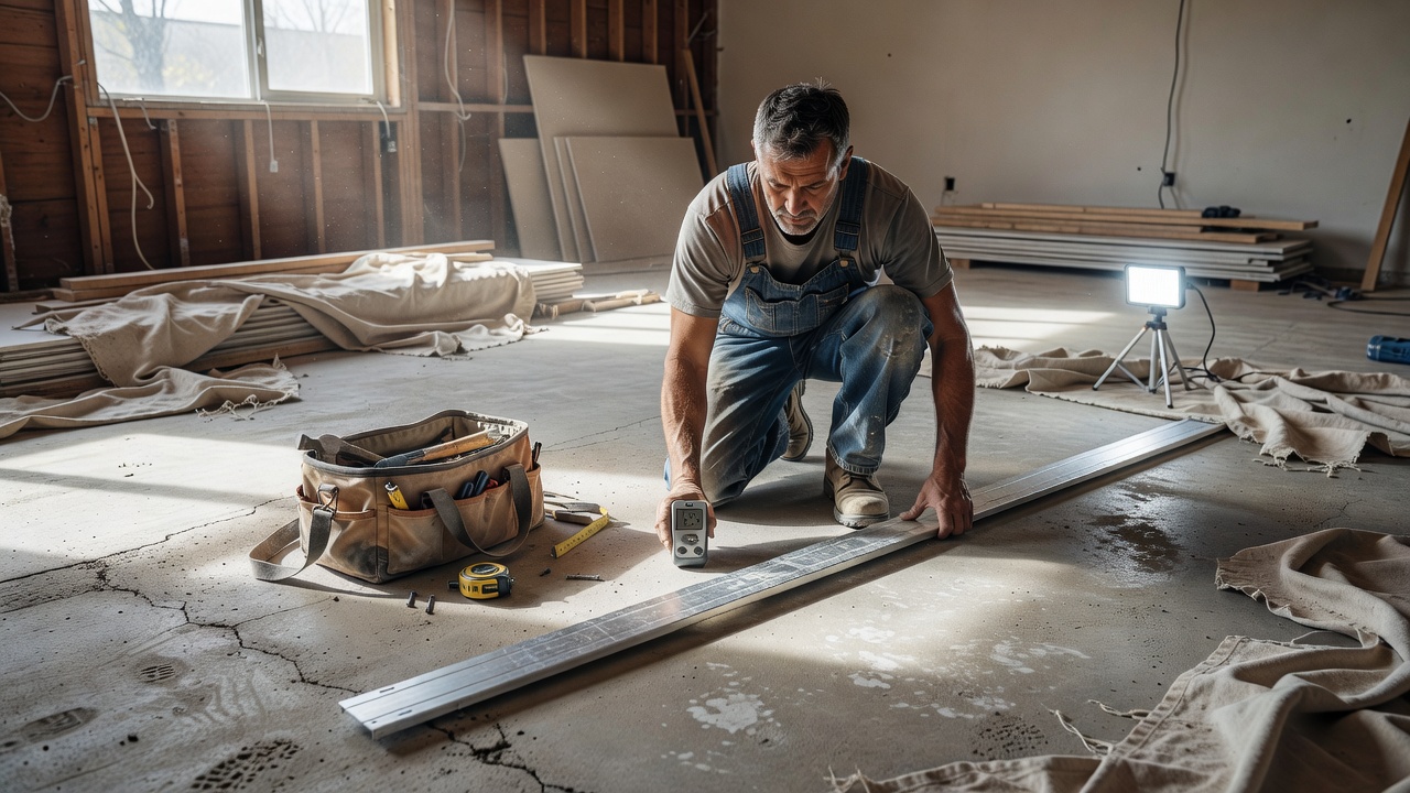 close-up of a flooring contractor’s hands holding a digital moisture meter against exposed plywood subfloor beside stacked luxury vinyl planks, jobsite dust and