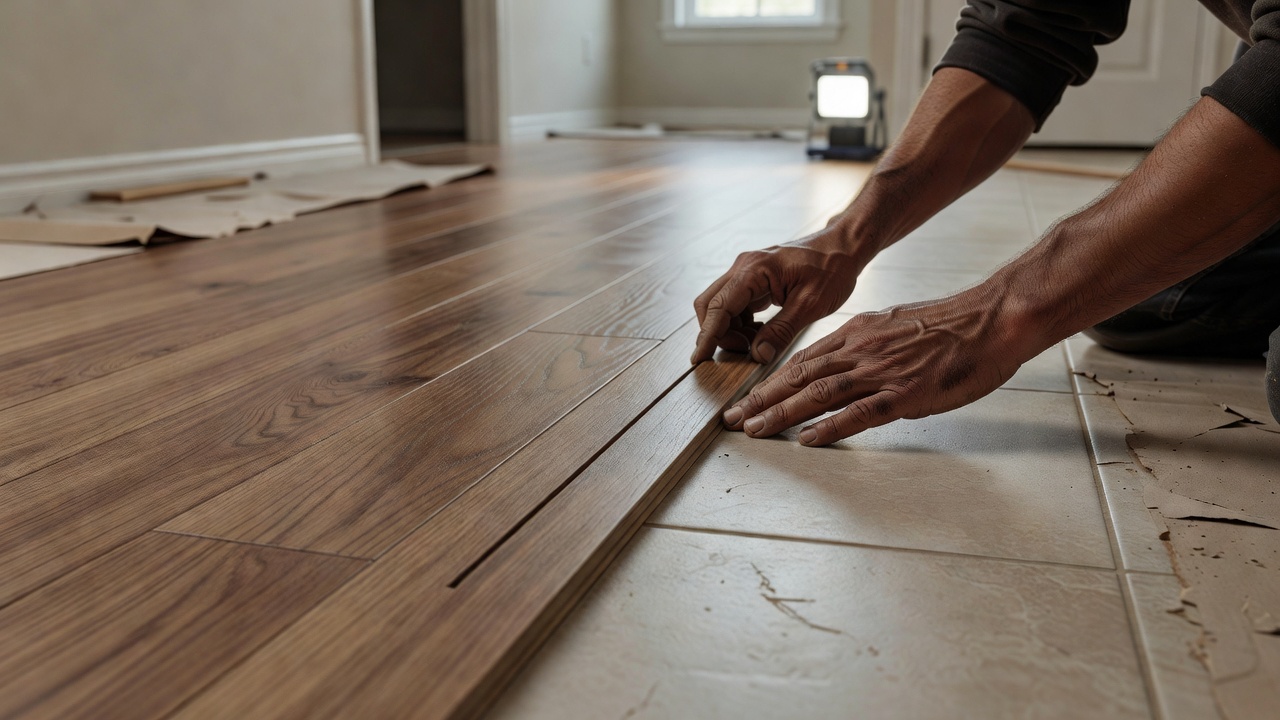 long hallway with failed engineered hardwood showing cupped and peaked planks under harsh afternoon light, transition strip lifted at doorway, contractor’s stra