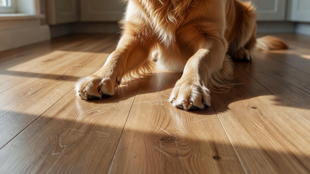 photorealistic close-up of golden retriever paws mid-skid on light oak LVP kitchen floor with faint claw micro-scratches catching afternoon side light, wear lay