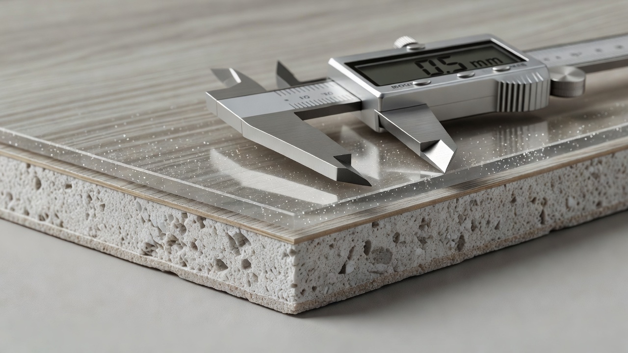 photorealistic macro of cross-sectioned luxury vinyl plank showing clear wear layer mil thickness measurement with calipers, aluminum oxide particles visible as