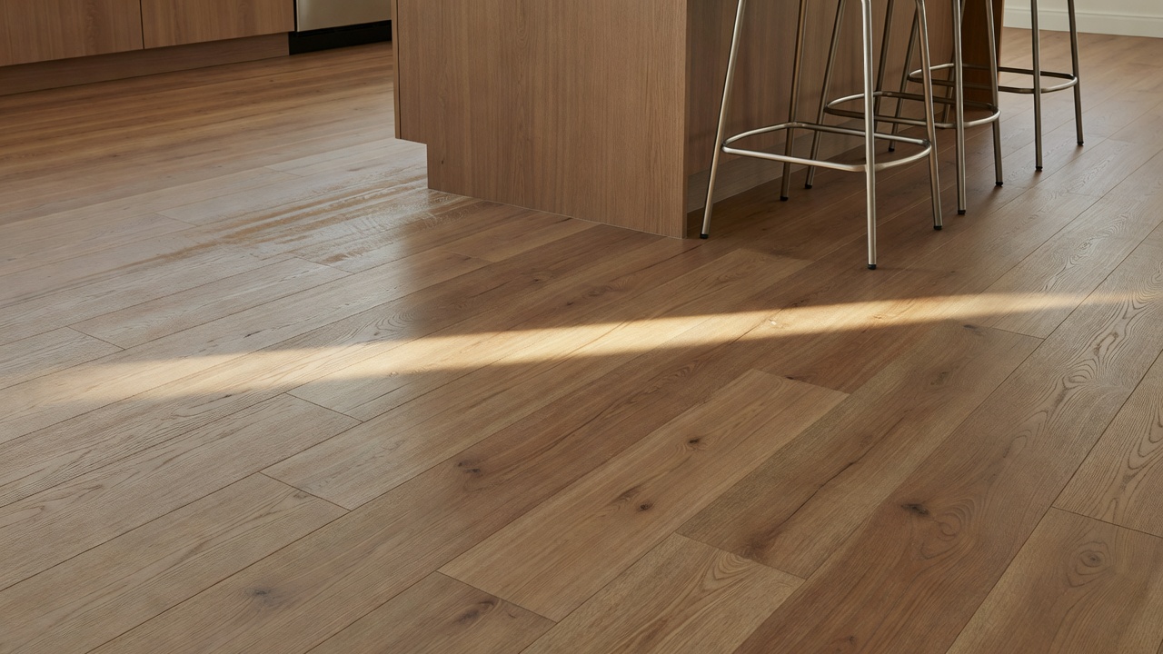 photorealistic kitchen scene with morning sun stripe across medium-tone rigid core LVP floor, bar stools with metal feet, subtle wear path near sink, no text ov