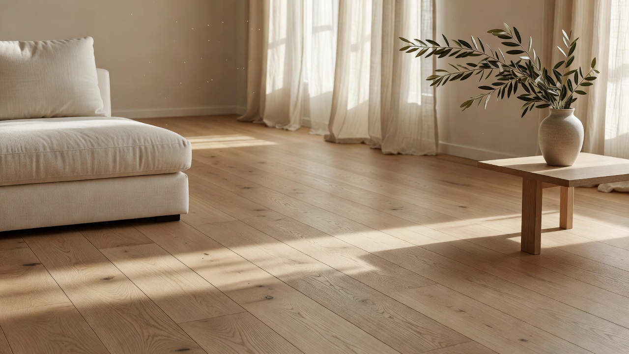 sunlit open-plan living room with wide-plank matte natural oak hardwood flooring catching golden afternoon light, soft shadows from sheer curtains, cream linen