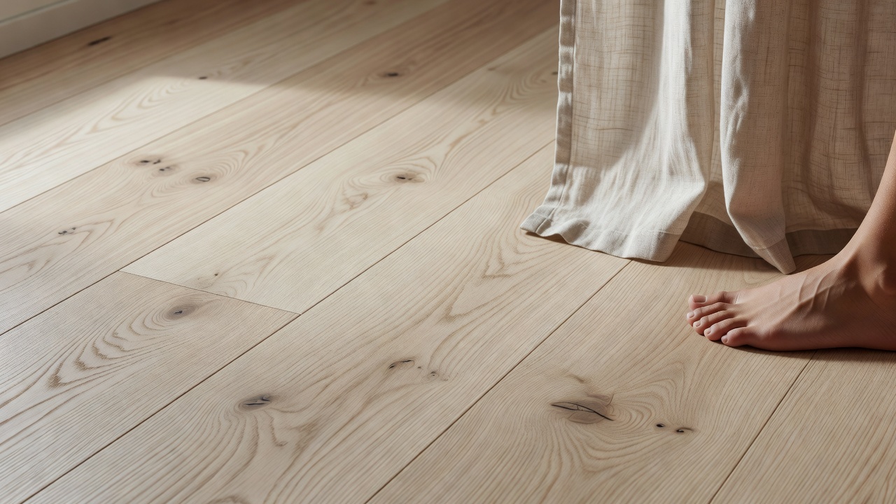 close-up photorealistic detail of matte wire-brushed white oak hardwood planks beside a soft linen curtain edge and bare foot, warm neutral palette, visible nat