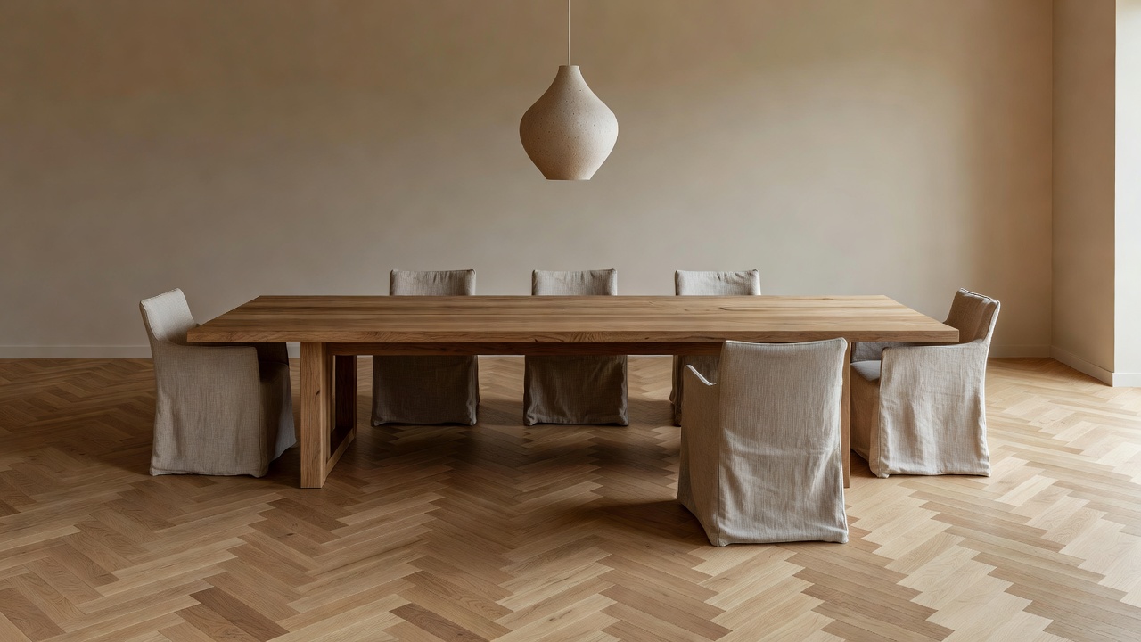 wide staged dining room with herringbone matte warm oak flooring, long oak table, sculptural ceramic pendant light, soft natural daylight, linen chairs, photore