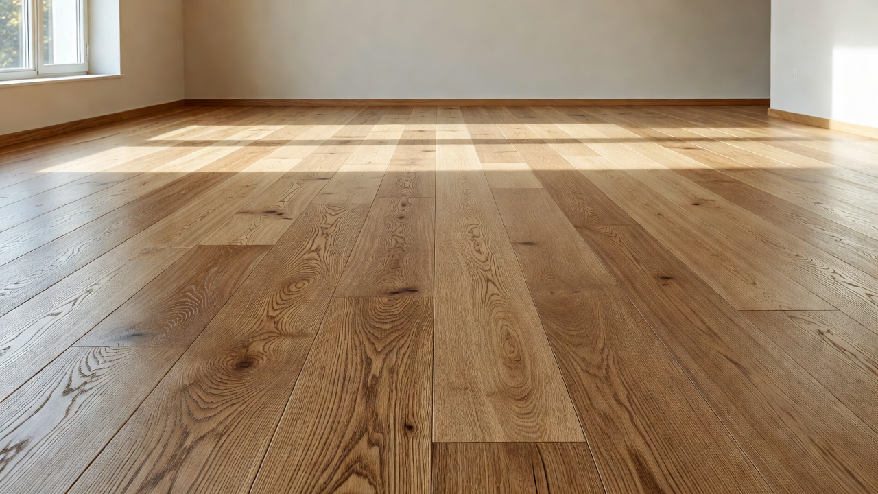 photorealistic side-by-side comparison of solid white oak hardwood and premium oak-look LVP under raking natural window light, bare hardwood showing depth of gr