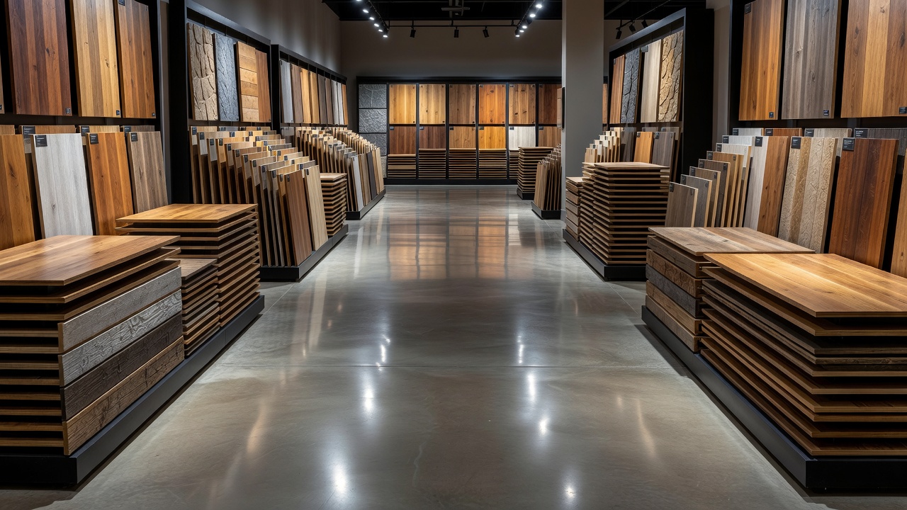 photorealistic wide shot of a gleaming flooring showroom aisle with dramatic overhead LED spotlights casting cool white pools on stacked hardwood and LVP sample