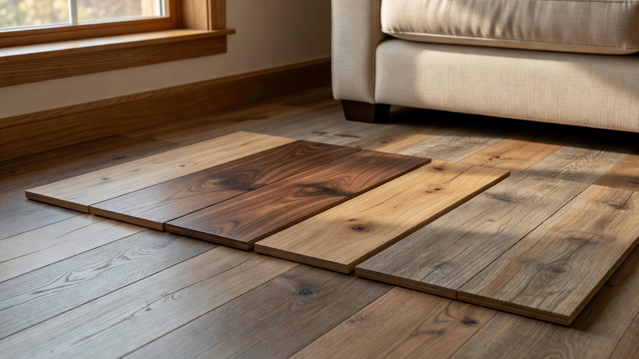 photorealistic close-up of several hardwood and luxury vinyl plank flooring samples arranged on a sunlit residential living room floor next to a beige sofa leg 