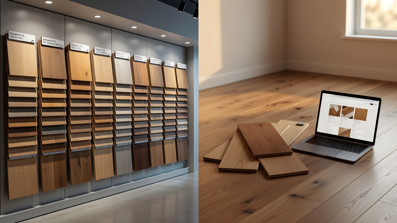 photorealistic split-composition scene showing left side a bright retail flooring showroom display wall with labeled sample racks under cool spotlights, right s