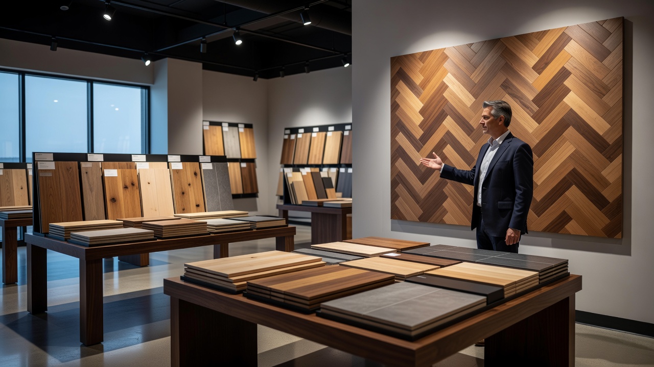 photorealistic wide shot of an upscale flooring showroom interior with dramatic recessed lighting washing over stacked hardwood and LVP sample boards on dark wa