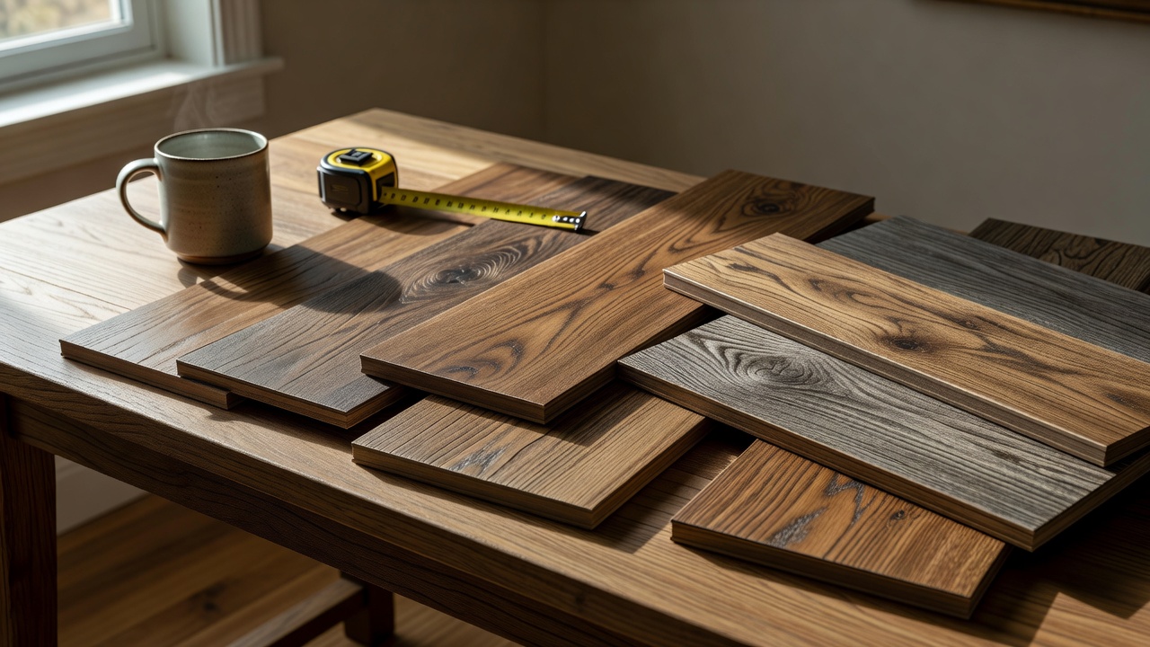 photorealistic close-up of several full-size hardwood and luxury vinyl plank samples arranged on a sunlit residential oak console table beside a ceramic mug and