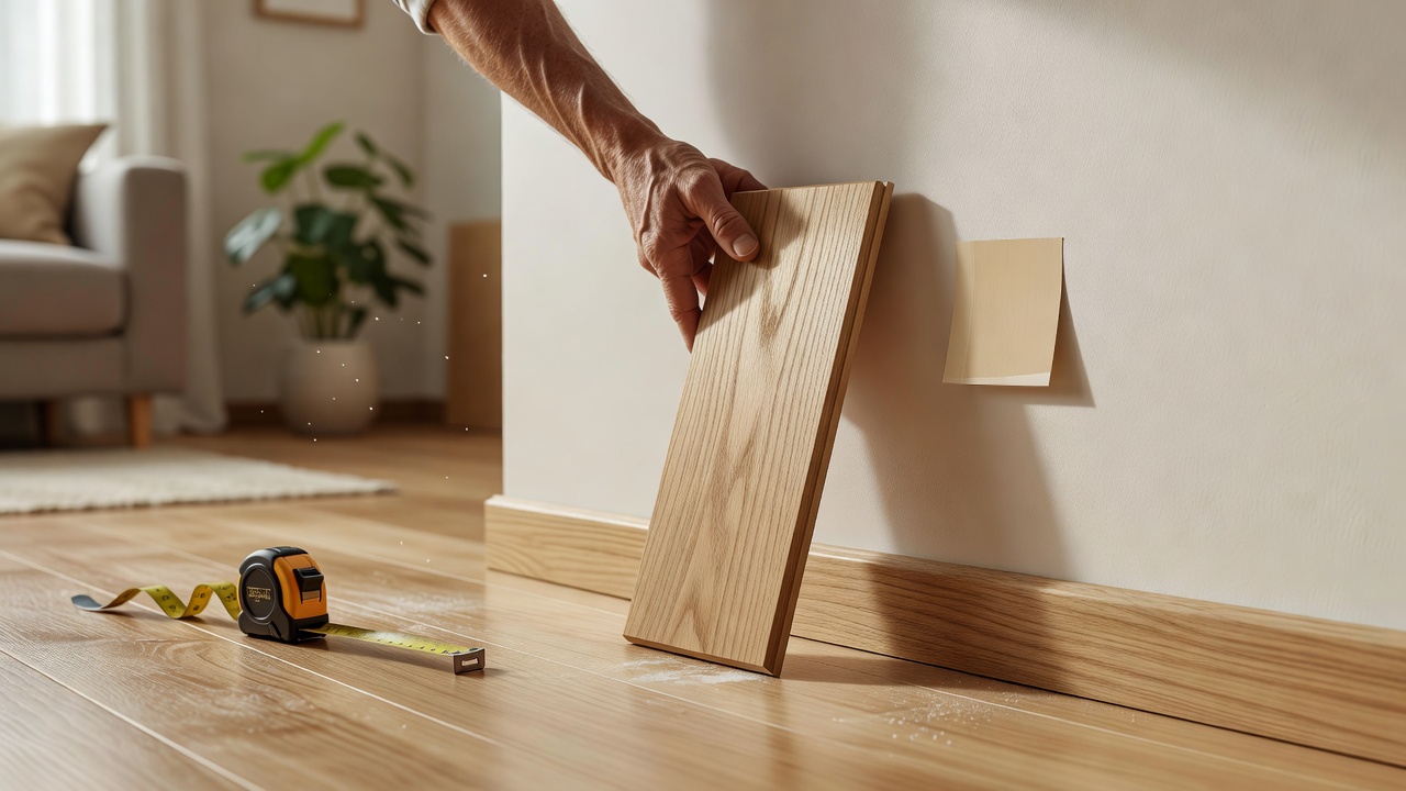 photorealistic scene of a homeowner’s hands holding a white oak flooring sample next to an existing baseboard and wall paint swatch in a bright living room corn