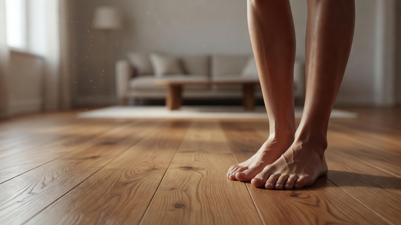 photorealistic close-up of a bare foot mid-step on wide-plank white oak hardwood flooring in a sunlit showroom, grain texture and soft shadow detail visible, wa